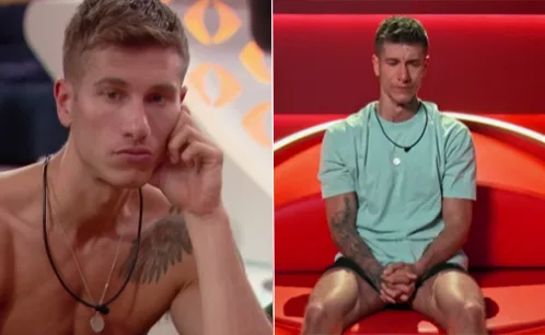 Man sitting thoughtfully in two settings: shirtless on left, wearing a light blue T-shirt on a red couch on right.