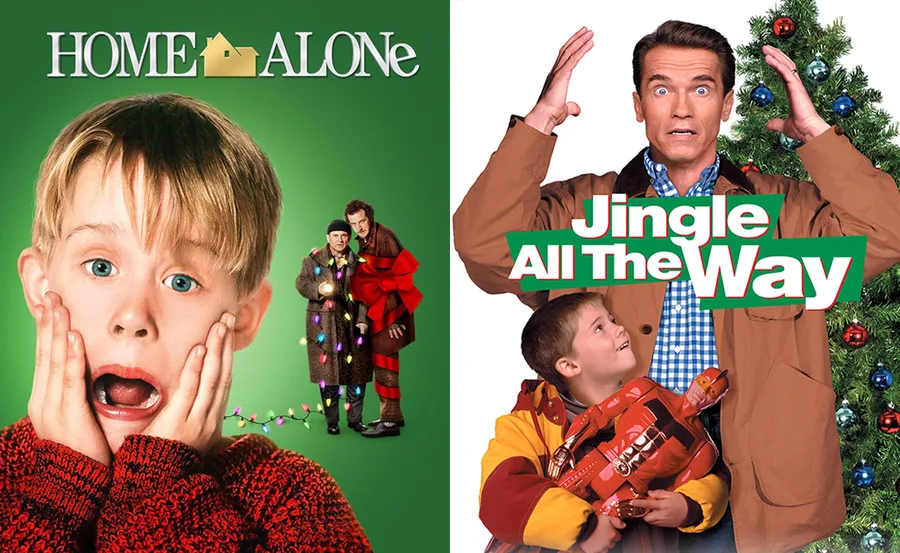 Two Christmas movie posters: "Home Alone" with a shocked child and "Jingle All The Way" featuring two people near a tree.