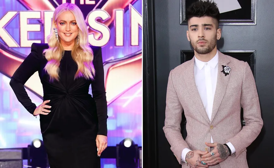 Two individuals: a woman in a black dress at a neon-lit event, and a man in a light suit with floral lapel pin.