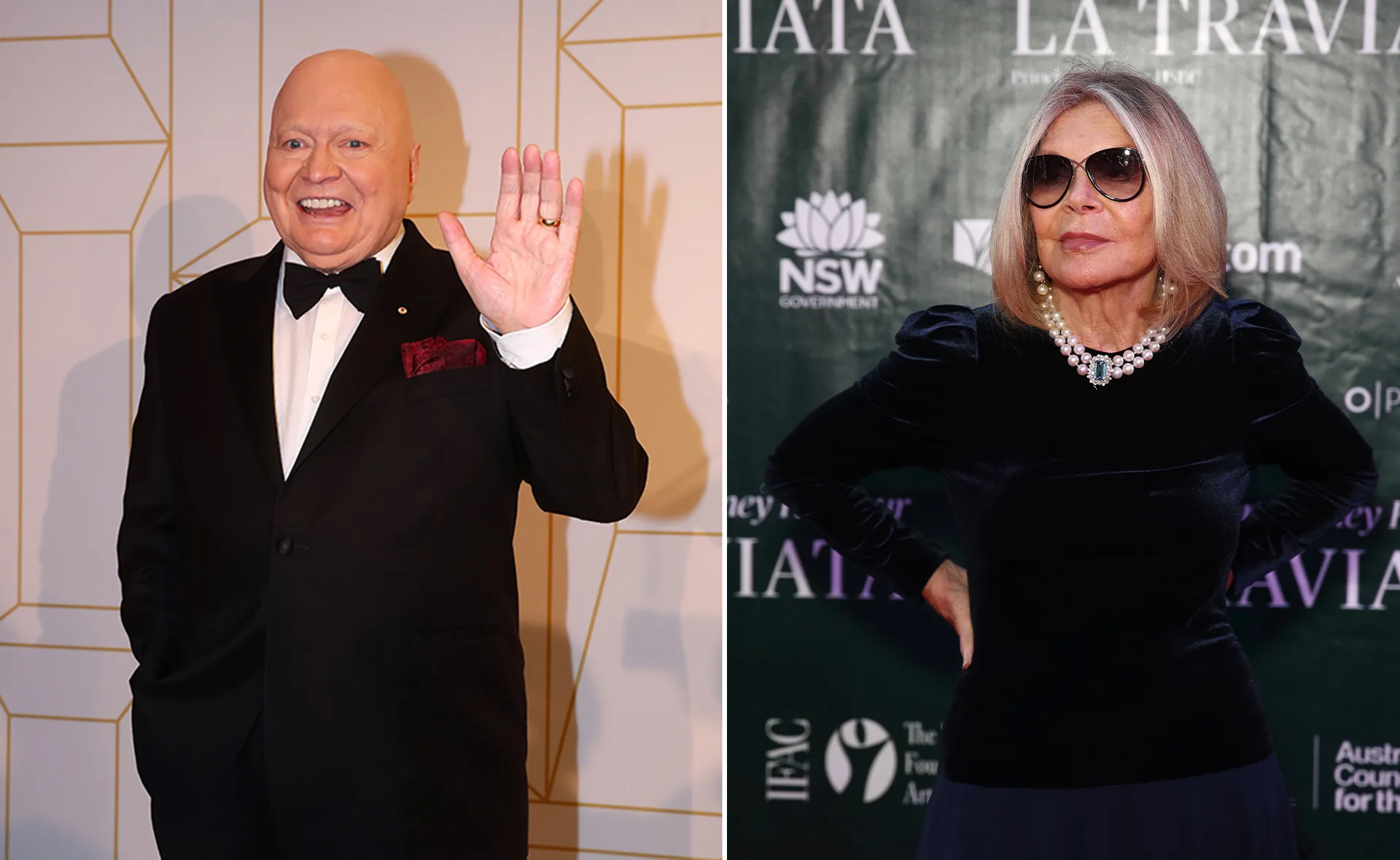 Man in tuxedo waving and woman in sunglasses posing confidently against event backdrop.
