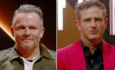 Two men appear on screen in a split image, one in a green jacket, the other in a red blazer, against a dark background.