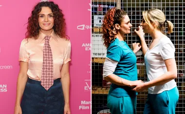 Left: Person in a pink shirt with a patterned tie on a pink background. Right: Two people in blue and white outfits behind a mesh barrier.
