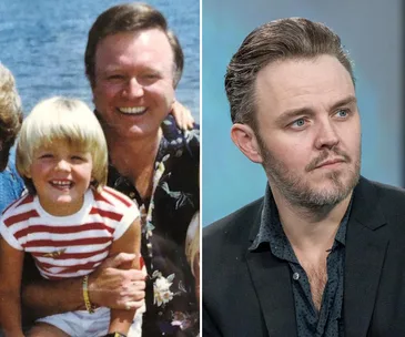 Two side-by-side photos: left, child and adult smiling; right, man in a suit looking right.