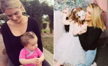 A woman holding a baby outside on the left; kissing a young girl in a white dress indoors on the right.