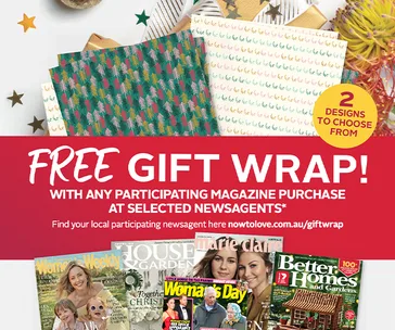 Free gift wrap with magazine purchase at participating newsagents, featuring magazines and gift wrap designs.
