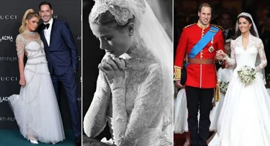 Grace Kelly's wedding dress inspires bridal fashion; includes three iconic wedding dress images, including royals.