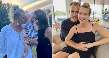 A woman kisses a baby held by another woman outdoors; a couple poses indoors smiling at the camera.
