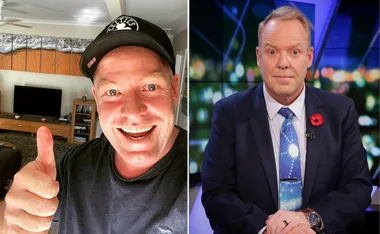Two images: person giving thumbs up indoors; person in a suit on a TV set.