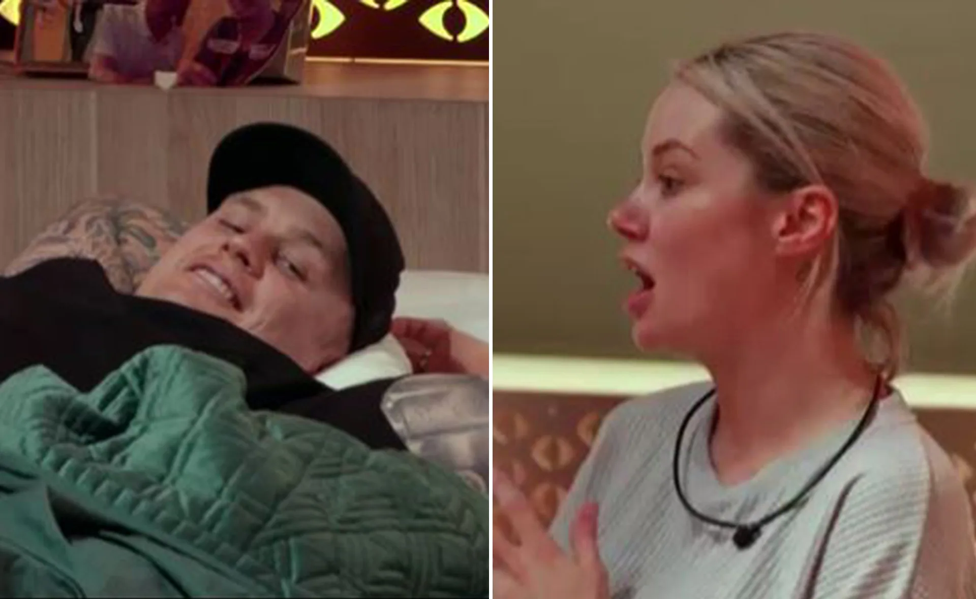 A man lies in bed, smiling, while a woman beside him gestures with an open mouth, appearing to be in conversation.