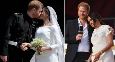A couple kissing at a wedding; the couple is later seen embracing on stage at an event.