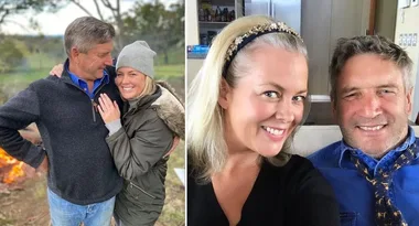 Man and woman enjoying outdoor and indoor moments together; smiling and embracing in both settings.
