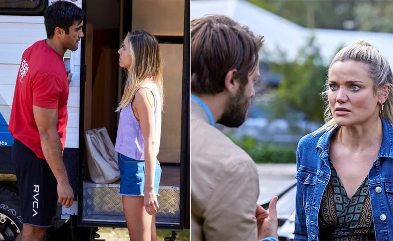 Two intense scenes from Home and Away: a man and woman face each other by a trailer; a woman looks surprised by a man.