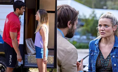 Two intense scenes from Home and Away: a man and woman face each other by a trailer; a woman looks surprised by a man.