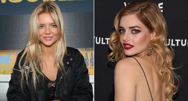 Young woman with long blonde hair on left, glamorous look with wavy hair and red lips on right.