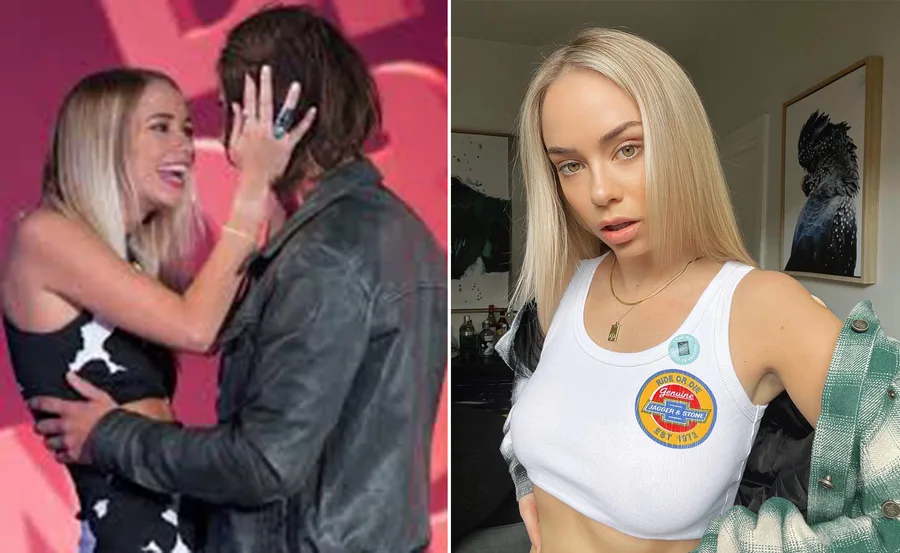 Blonde woman in patterned outfit smiling close to a man; another pose in a white crop top with badges.