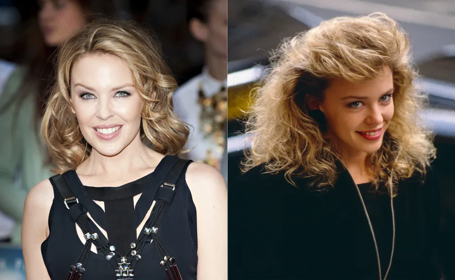 Two side-by-side images of a woman with blonde hair, smiling, wearing a black dress and a dark jacket.