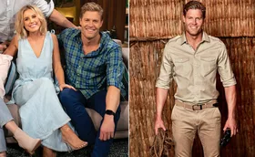 Two side-by-side images showing a man smiling; left with a woman on a couch, right in safari gear holding a rope.