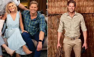 Two side-by-side images showing a man smiling; left with a woman on a couch, right in safari gear holding a rope.