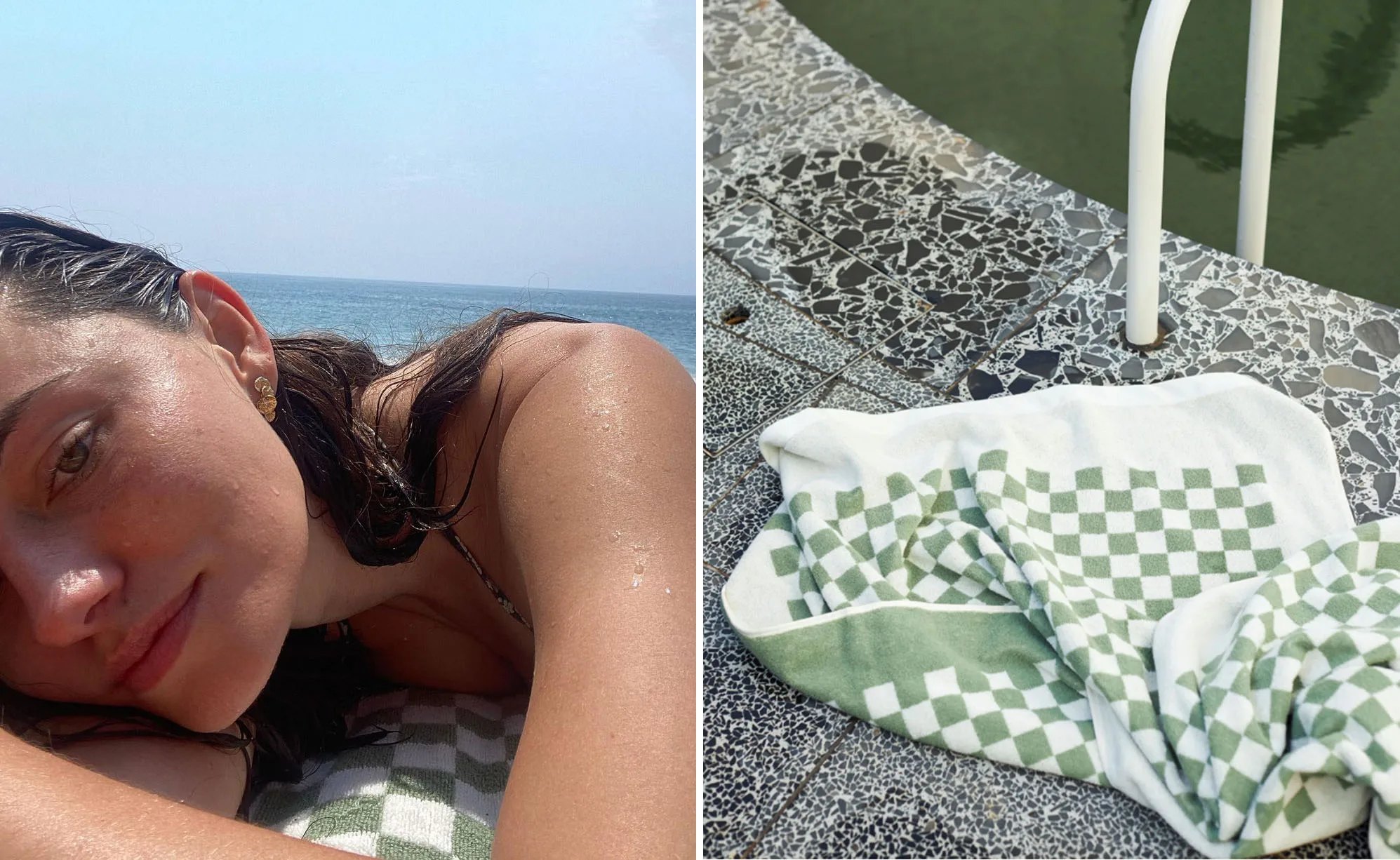 "Person relaxing on a green checkered towel by the ocean; towel also shown by a pool."