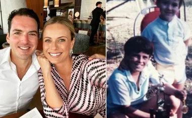 Couple smiling at a restaurant and a childhood photo of two kids outdoors.