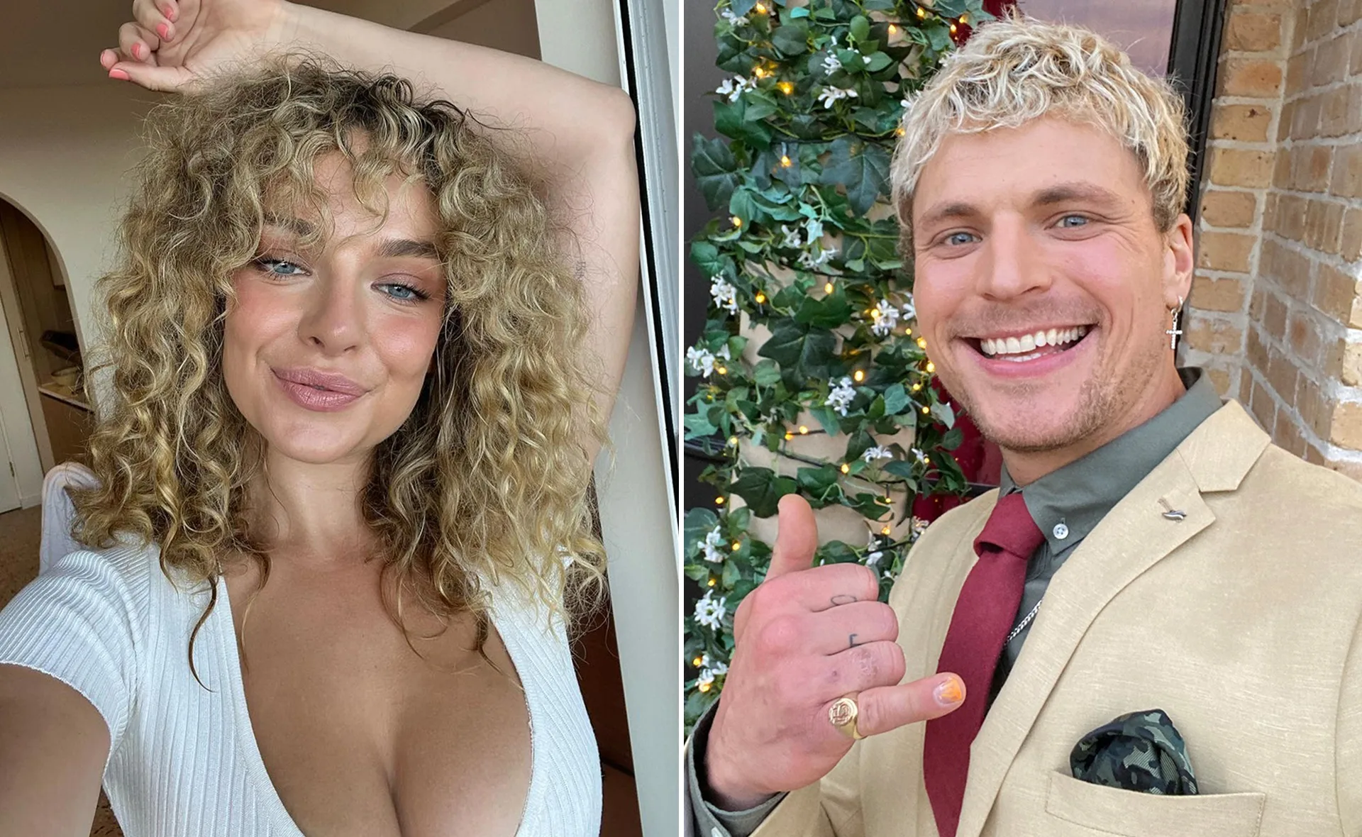 Smiling woman with curly hair in a white top and a man in a beige suit with greenery in the background.