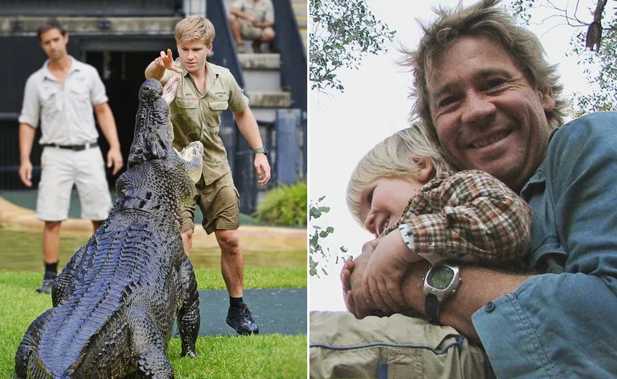 "Left: Person feeding a crocodile. Right: Child hugged by a smiling man outdoors."