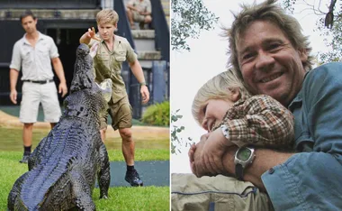 "Left: Person feeding a crocodile. Right: Child hugged by a smiling man outdoors."