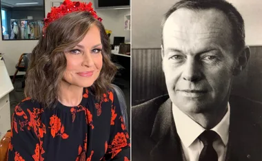Two images side by side: A woman in a floral outfit with a red headpiece; a black-and-white photo of a man.