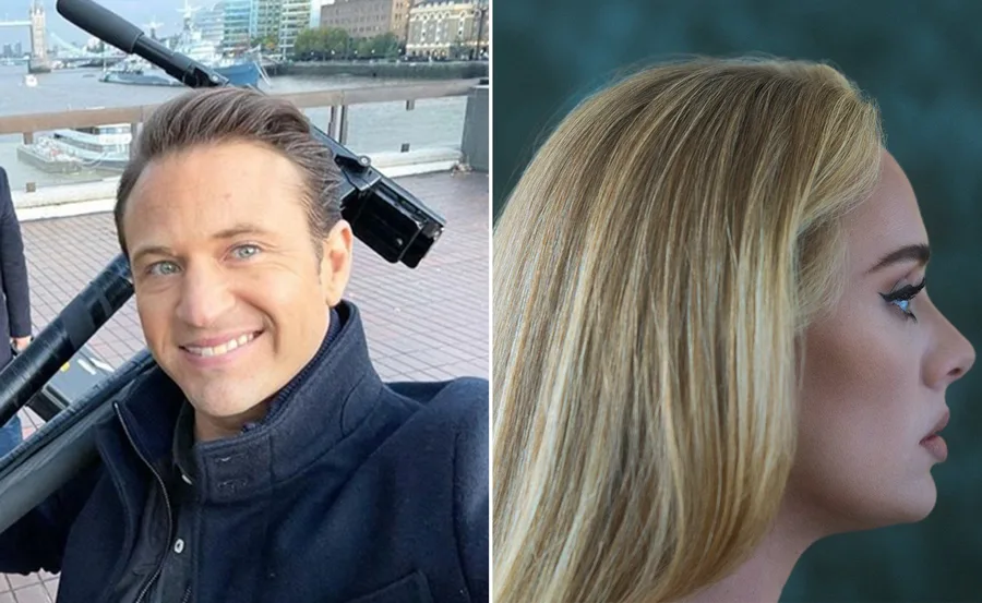Man taking a selfie with a tripod on a riverbank; woman in profile with long blonde hair against a dark background.