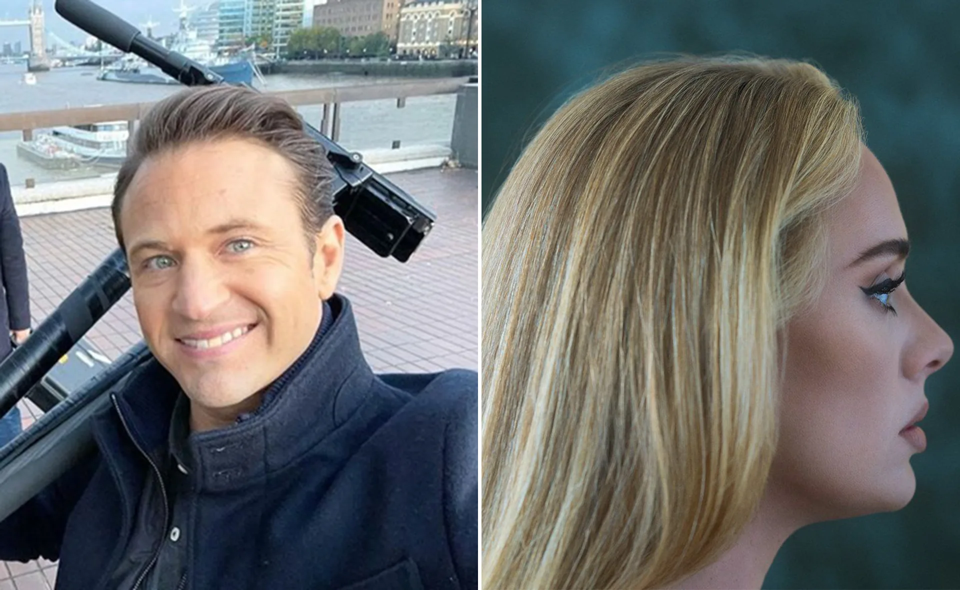 Man taking a selfie with a tripod on a riverbank; woman in profile with long blonde hair against a dark background.