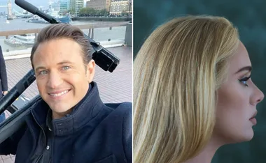Man taking a selfie with a tripod on a riverbank; woman in profile with long blonde hair against a dark background.