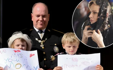 Father with two children holding signs saying "We miss you Mommy" and inset of woman with a lace headscarf.