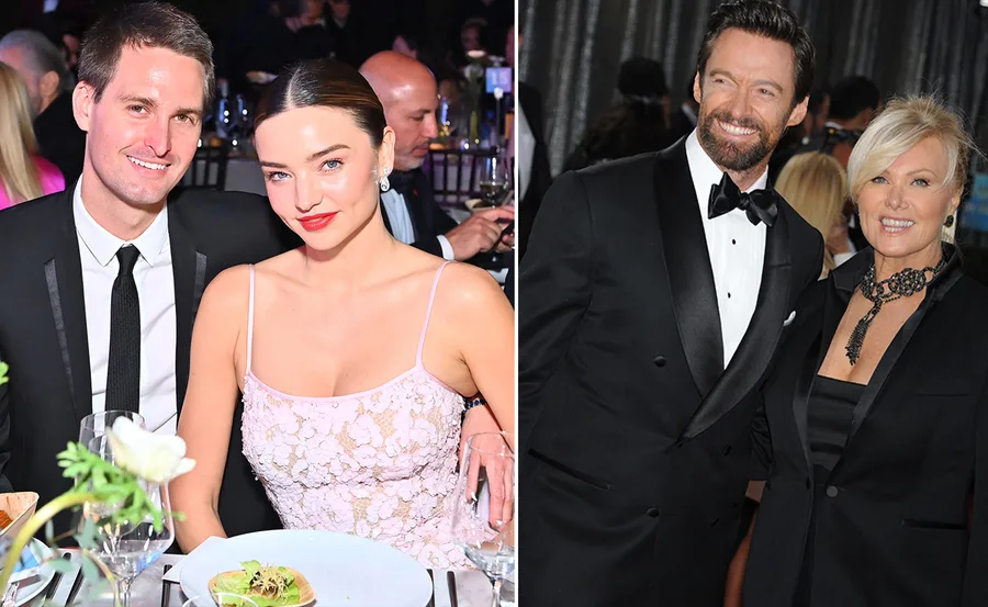 Couples pose together at a formal event, smiling and dressed in elegant attire.