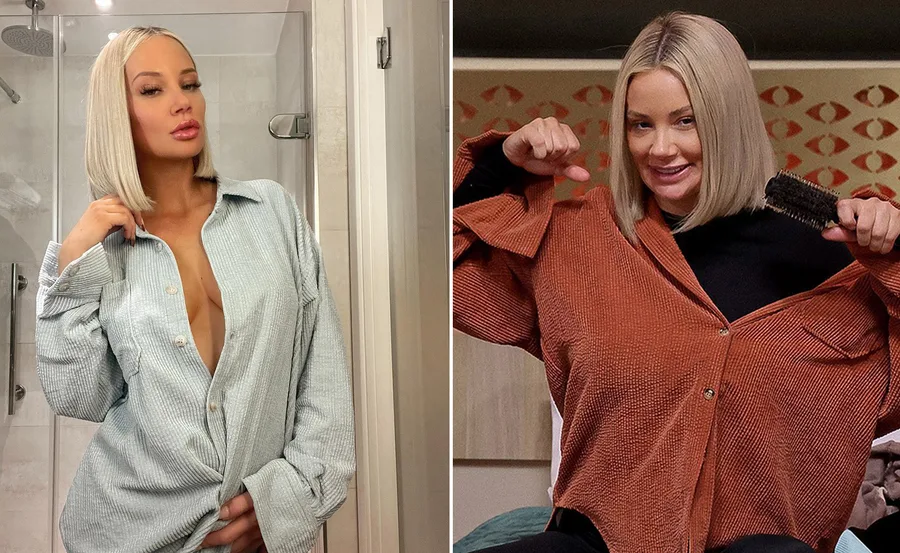 Two side-by-side images of a woman with a bob haircut wearing button-up shirts, posing confidently in different settings.