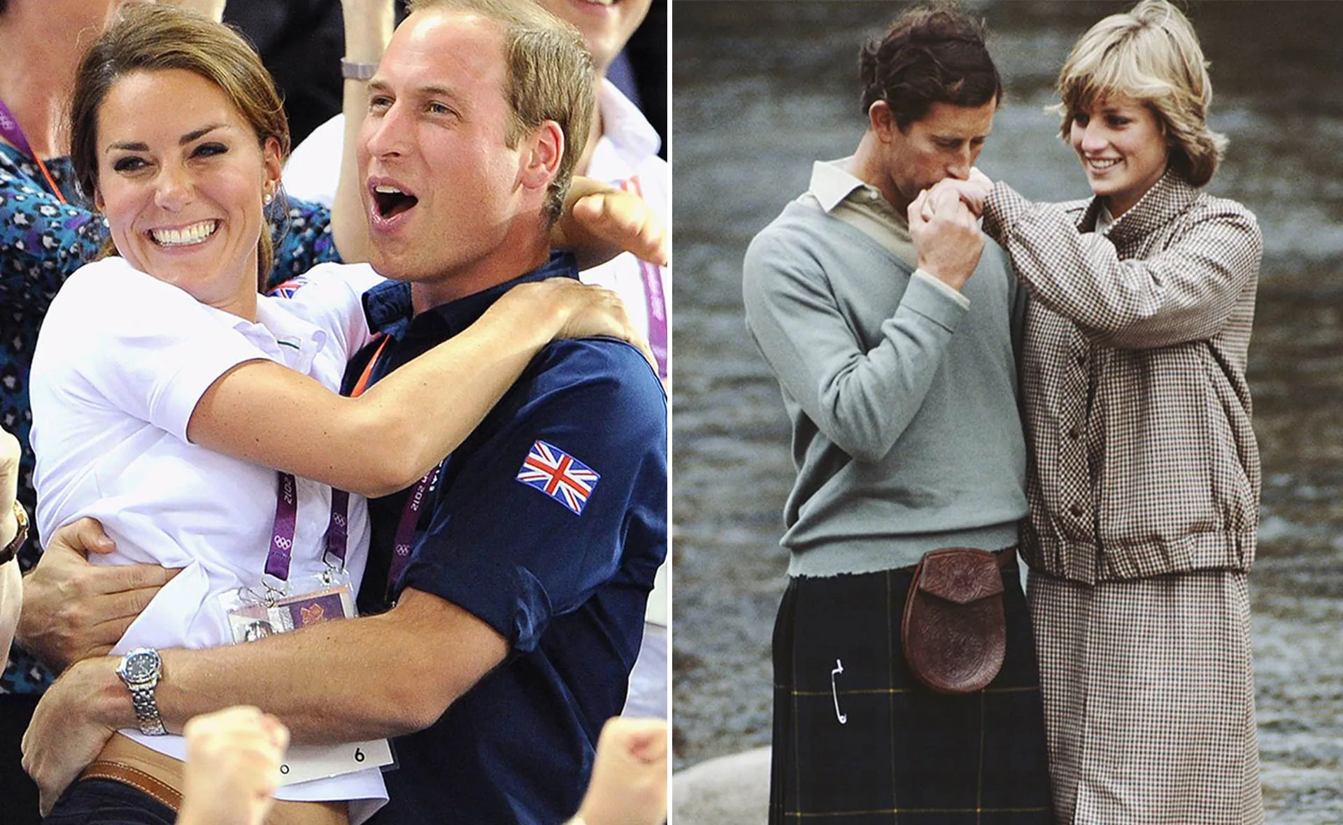 Two photos: Left shows a joyful couple embracing; right shows another couple by a river, one kissing the other's hand.