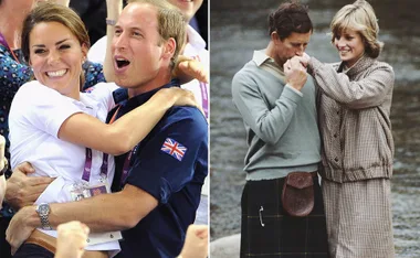 Two photos: Left shows a joyful couple embracing; right shows another couple by a river, one kissing the other's hand.