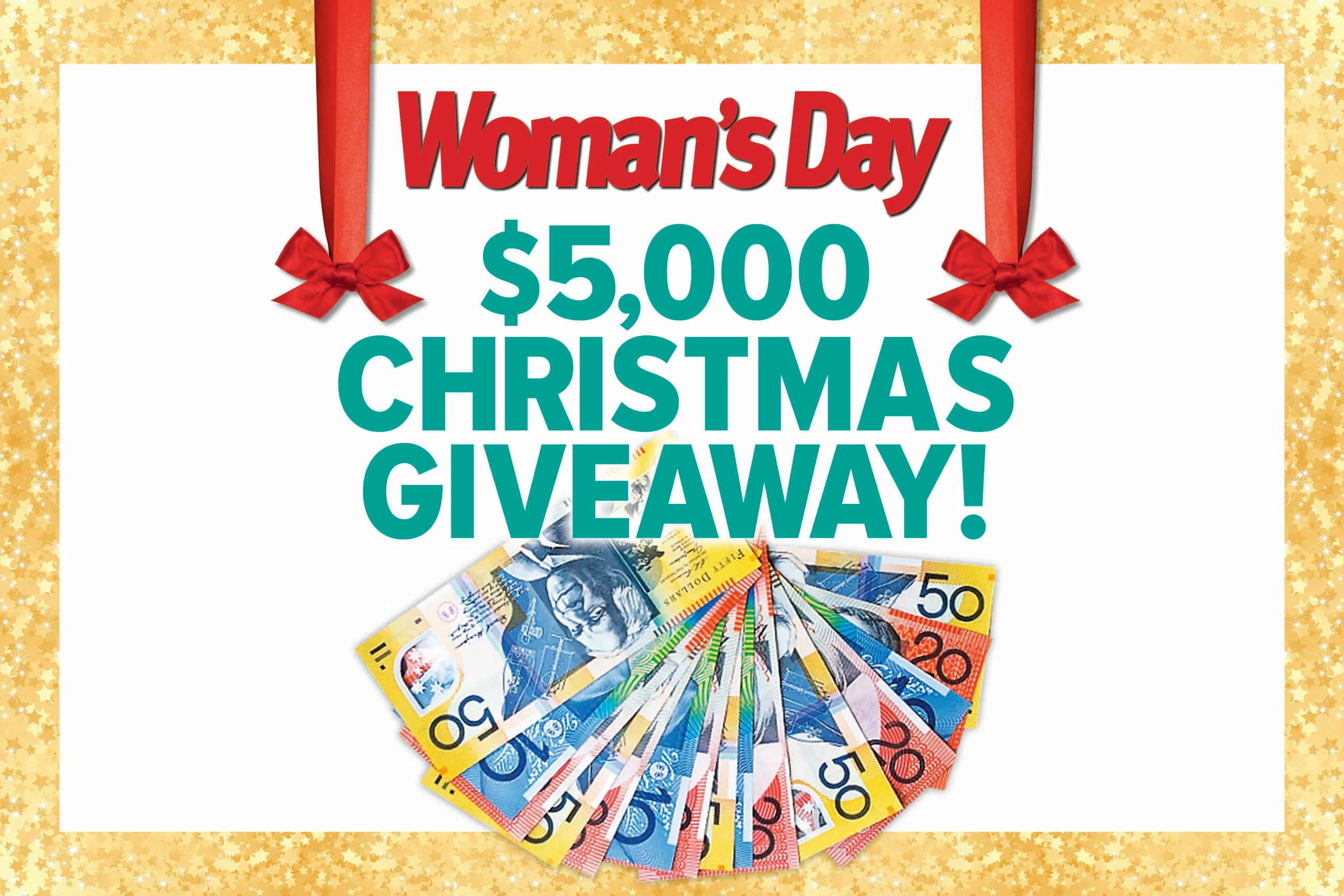 "Woman's Day $5,000 Christmas Giveaway banner with Australian banknotes and red bows."