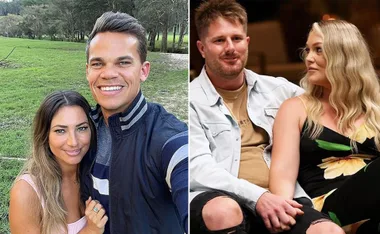 Two couples from reality TV shows, smiling and sitting together, one outdoors and one indoors.