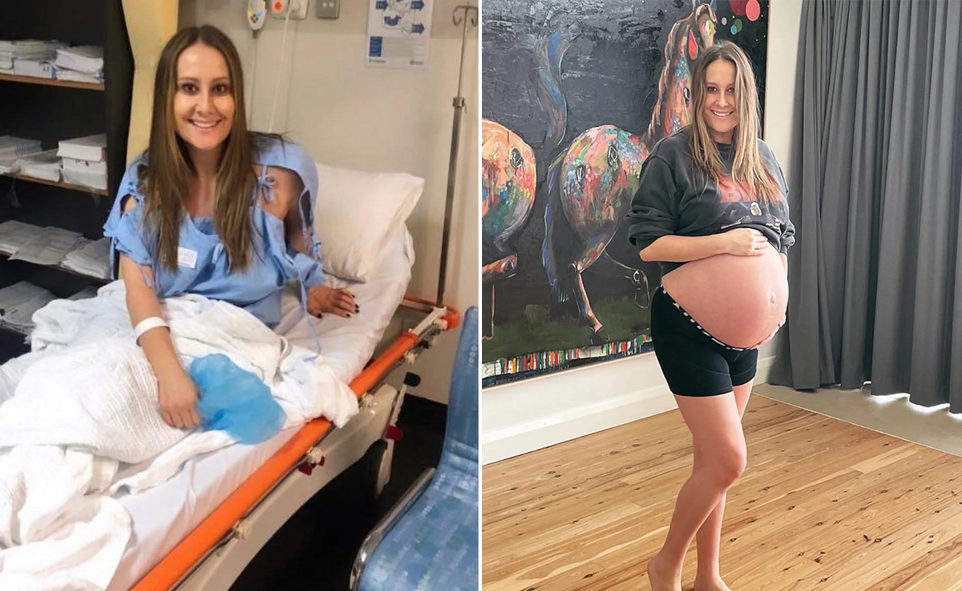 Woman in a hospital gown on a bed, and pregnant woman standing with a painting in the background.