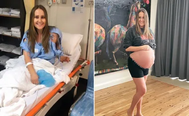 Woman in a hospital gown on a bed, and pregnant woman standing with a painting in the background.