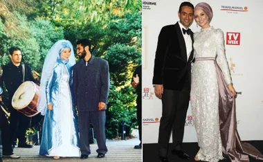 A couple at their wedding in traditional attire, and later at an event in formal wear.