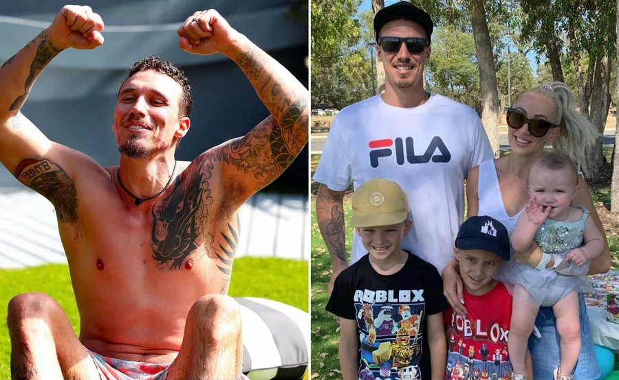 Man with tattoos flexing, and a family photo of a couple with three children in a park.