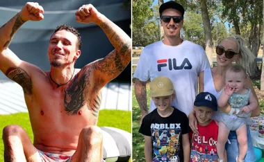 Man with tattoos flexing, and a family photo of a couple with three children in a park.