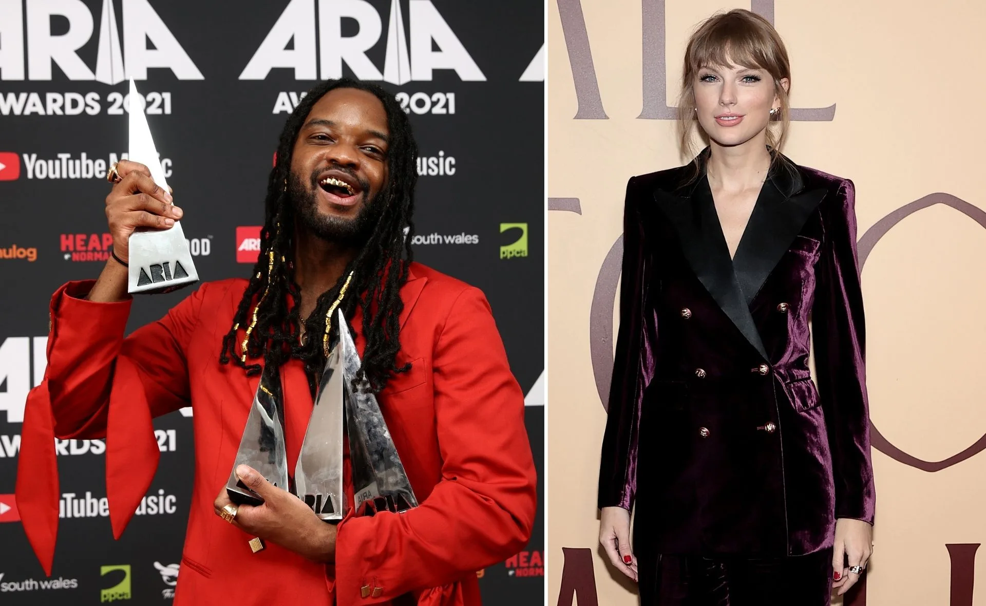Man in red suit holds ARIA Awards; woman in purple outfit stands on right.