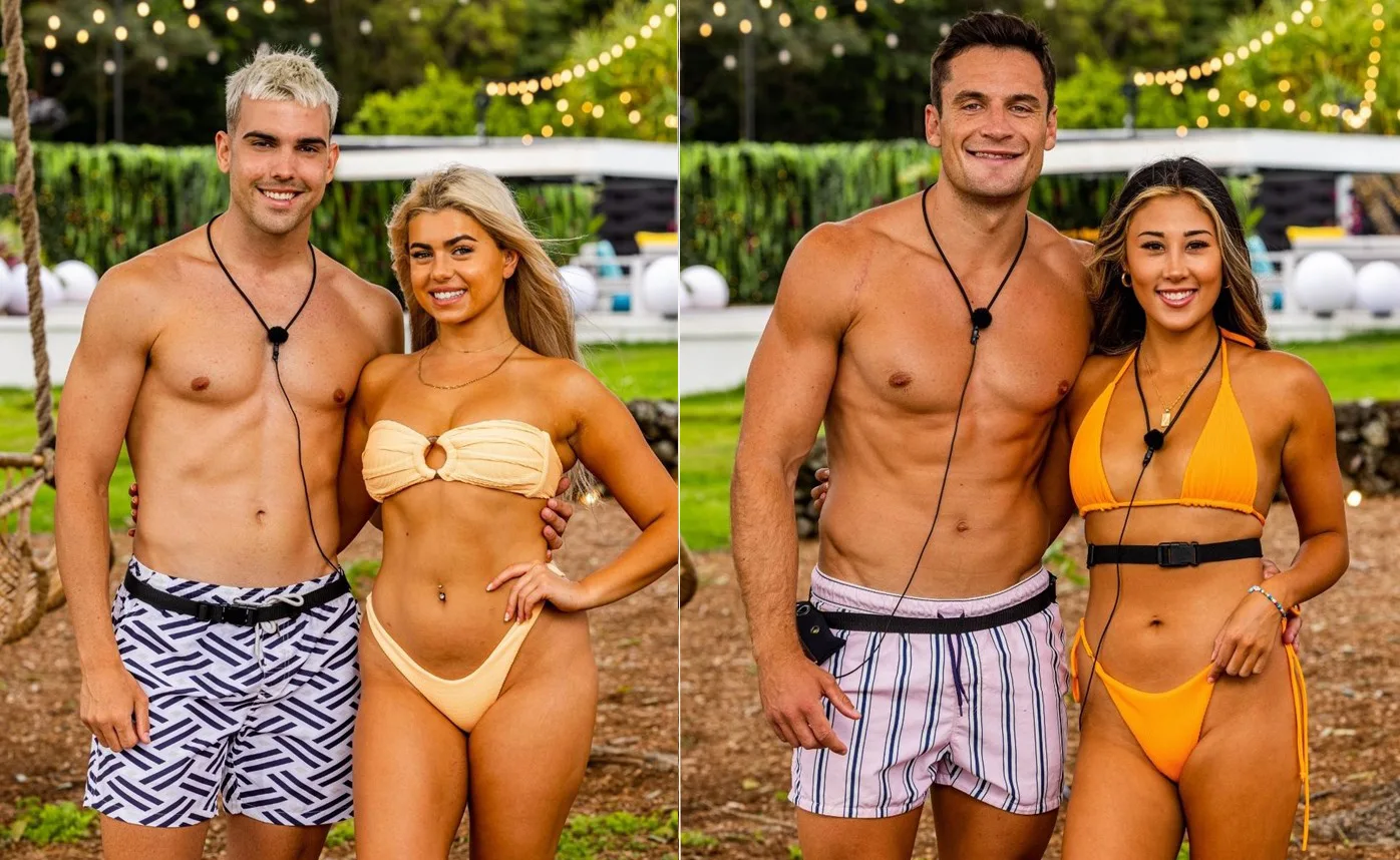 "Two couples from Love Island Australia 2021, posing outdoors in swimsuits, smiling at the camera."
