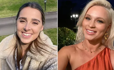 Two women smiling in separate images; left in daylight, right at night with outdoor lights.