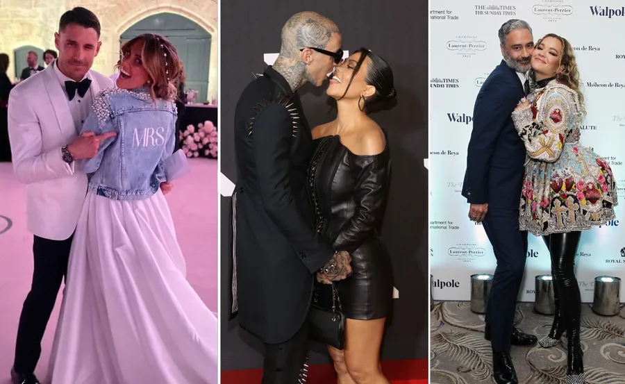 Couples photographed at events: woman in wedding dress with "Mrs" jacket, couple in black outfits, colorful fashion duo.