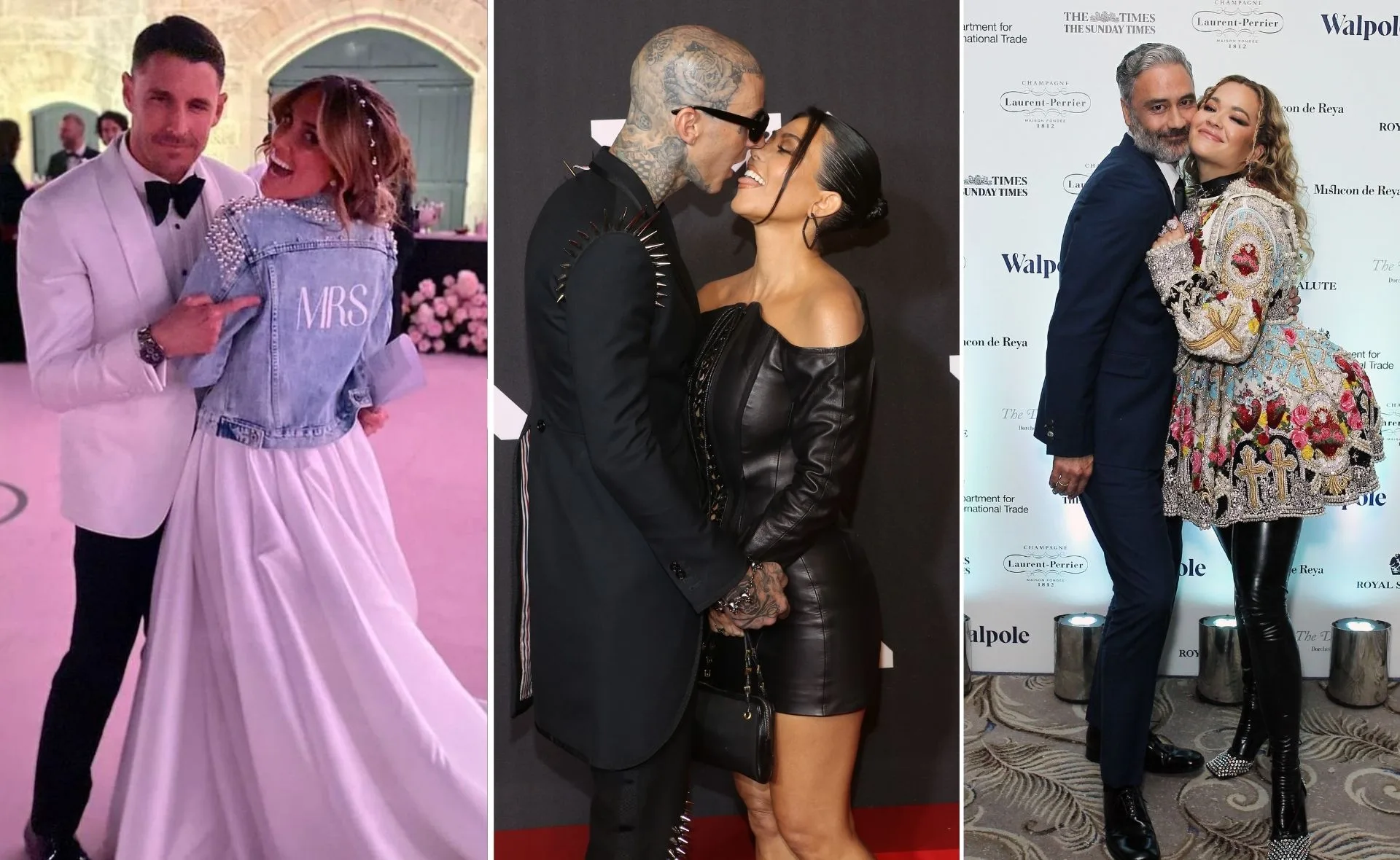Couples photographed at events: woman in wedding dress with "Mrs" jacket, couple in black outfits, colorful fashion duo.