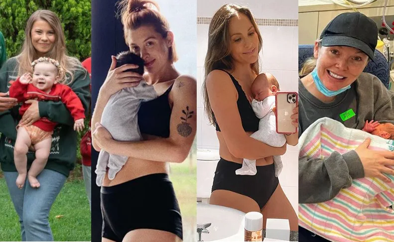 Four women each holding their babies in different settings, showcasing moments of joy and tenderness.