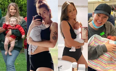Four women each holding their babies in different settings, showcasing moments of joy and tenderness.